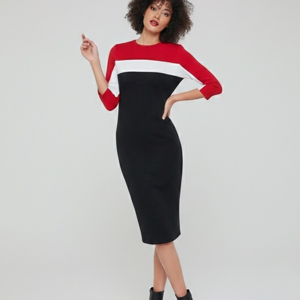Zara Color Block Midi Dress - Red, White & Black